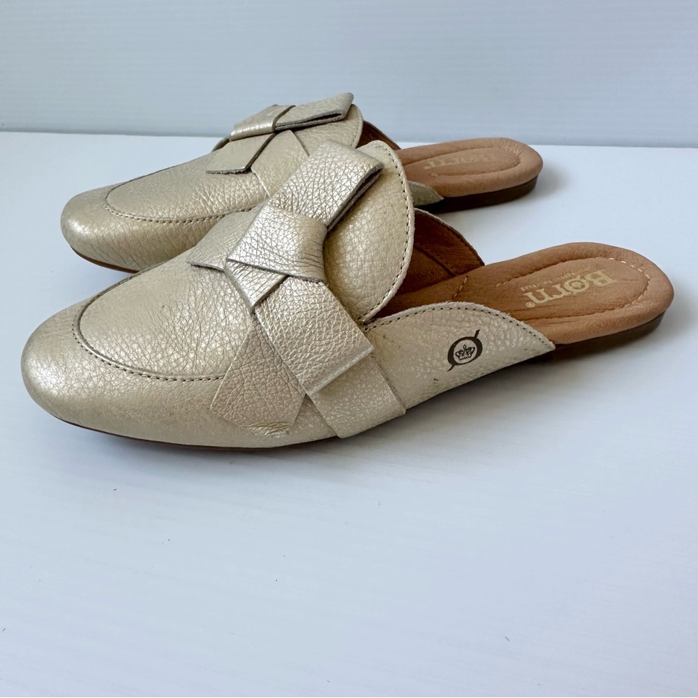 Shimmery Gold Mule Slip On Flats with Bow Detail Size 6 Medium